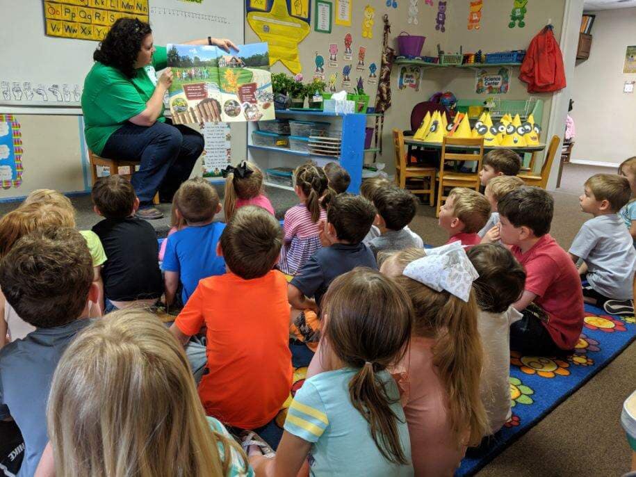 Person reading a book to a group of children in a classroom