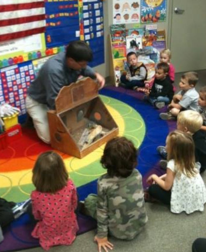 Person showing contents of a wooden box to children in a classroom