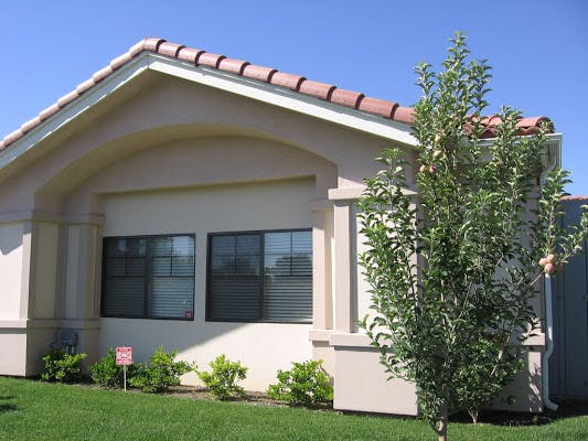 Exterior of a building with a tiled roof and windows, with a tree in the foreground