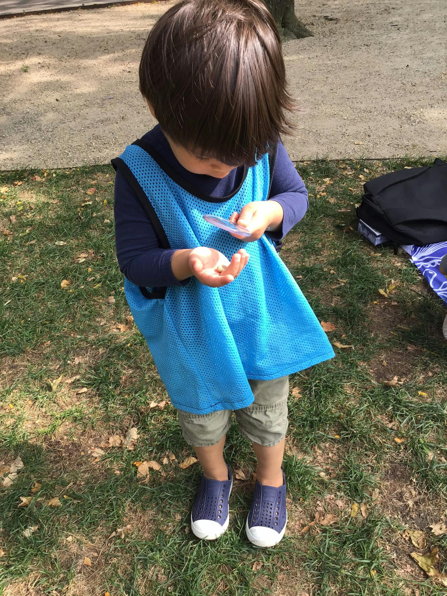 Child in blue vest looking at something in their hand
