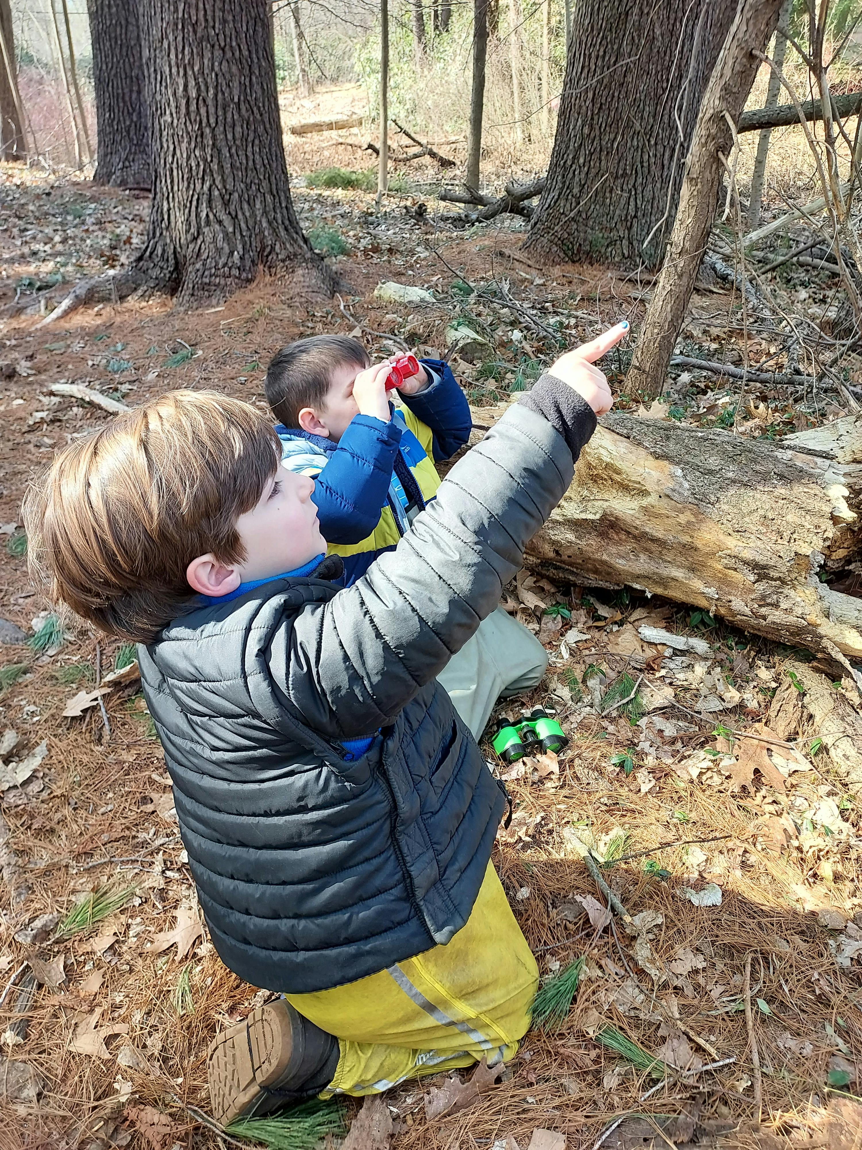 Two children kneeling in a forest, one pointing and the other looking through binoculars