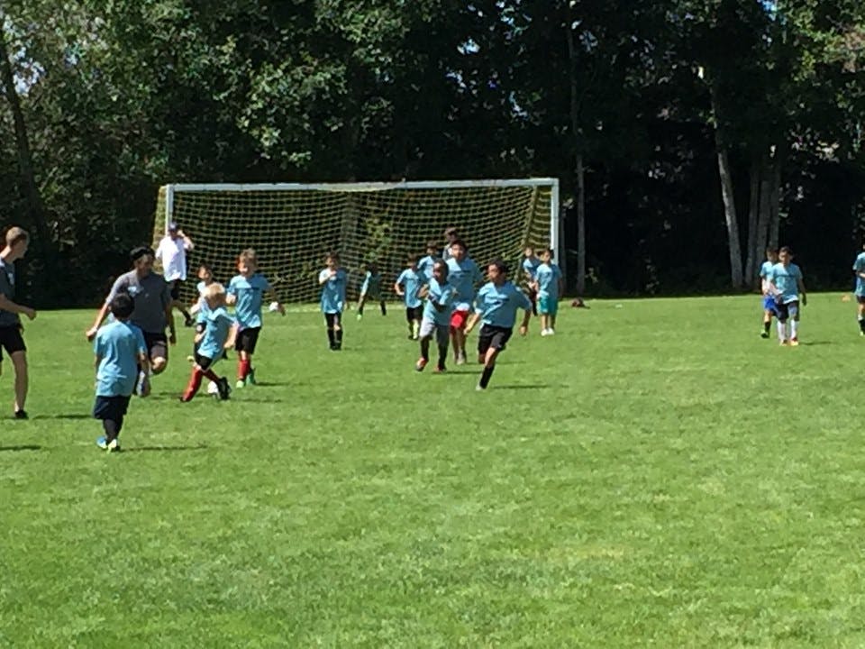 Children playing soccer on a field with a goal in the background