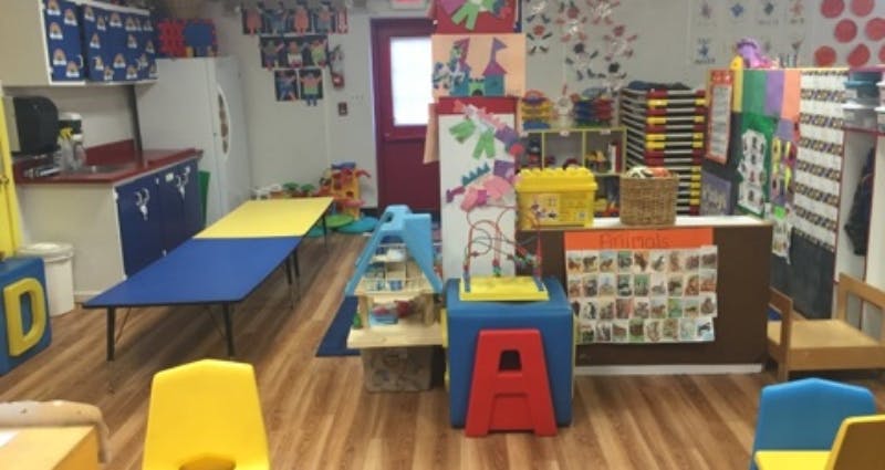 Classroom with colorful tables and chairs