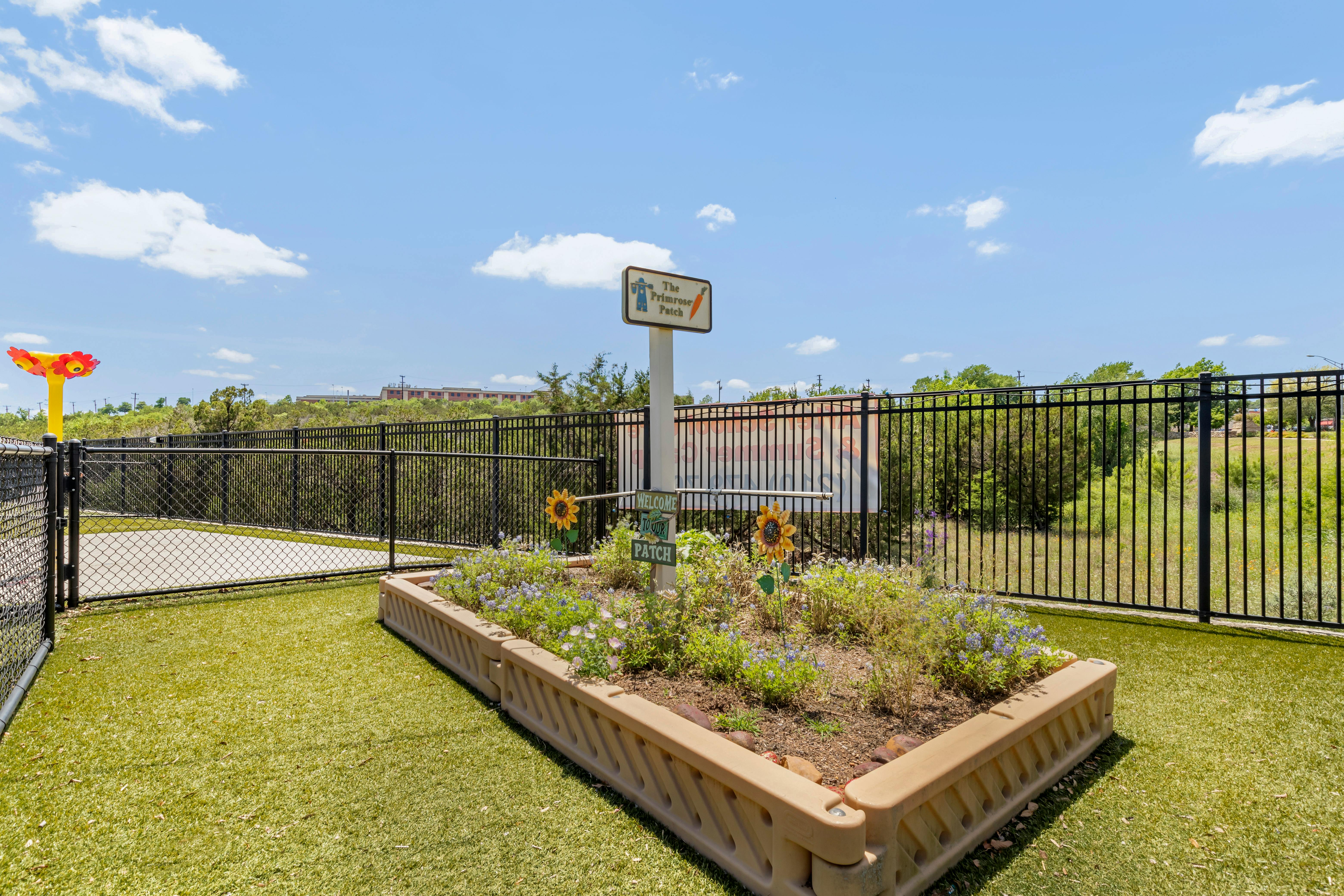 Raised garden bed on artificial turf, with a sign reading "The Primrose Patch"