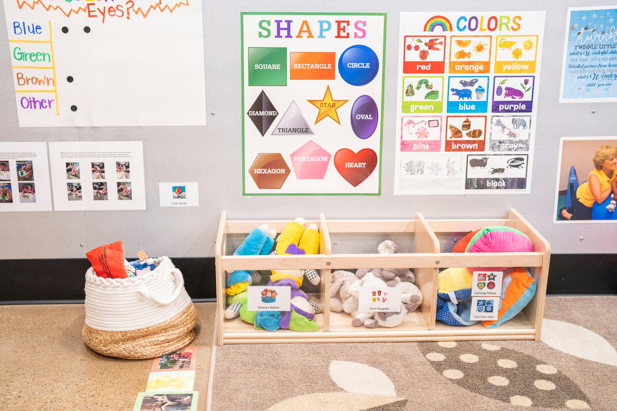 Classroom shelf with soft toys and educational posters on the wall