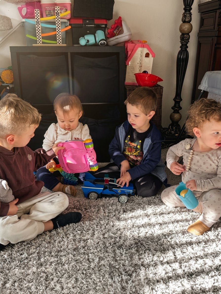 Four children sitting on a rug playing with toys