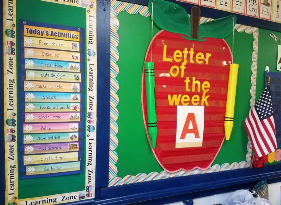 Classroom bulletin board with "Today's Activities" chart and "Letter of the week A" sign