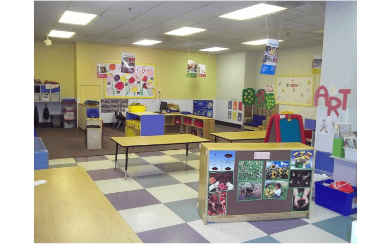 Empty classroom with tables, chairs, and colorful decorations