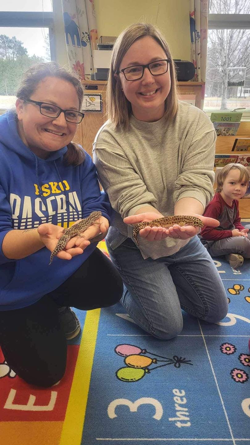 Two people holding geckos in their hands