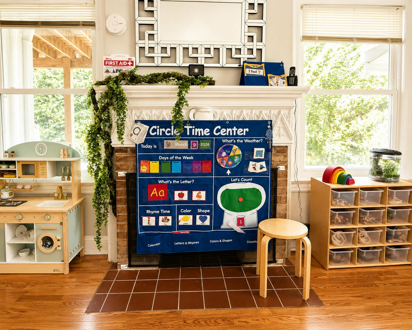 Educational circle time activity center hanging over a brick fireplace