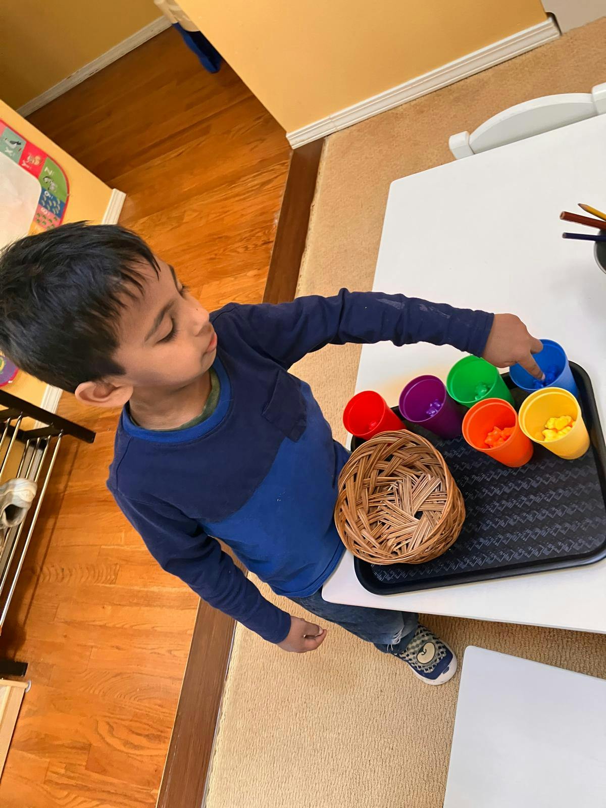 Child sorting small items into colorful cups on a tray