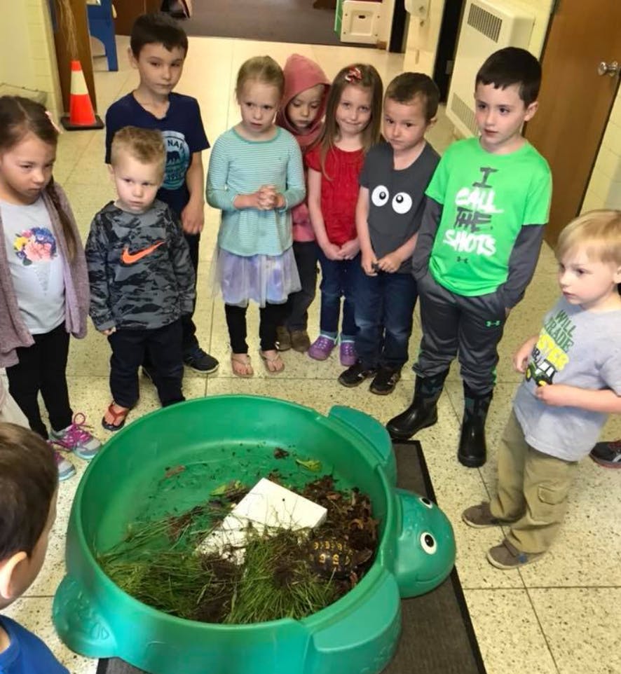 Children gathered around a turtle-shaped sandbox filled with dirt and grass