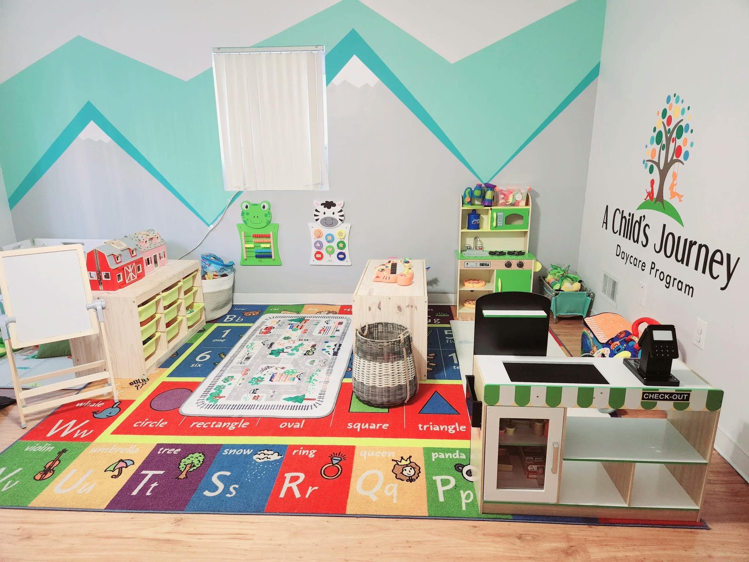 Playroom with alphabet rug, toy kitchen, and shelves of toys