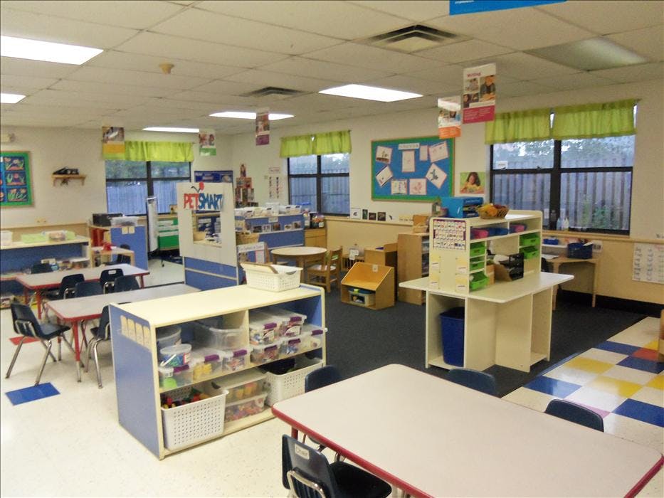 An empty classroom with small tables and chairs, shelves, and a "PETSMART" sign