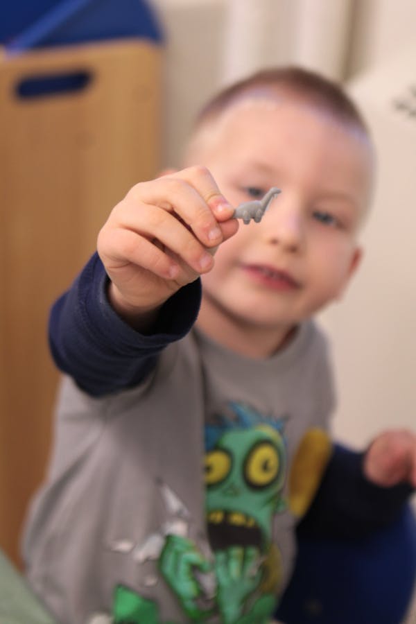 Child holding up a small dinosaur toy