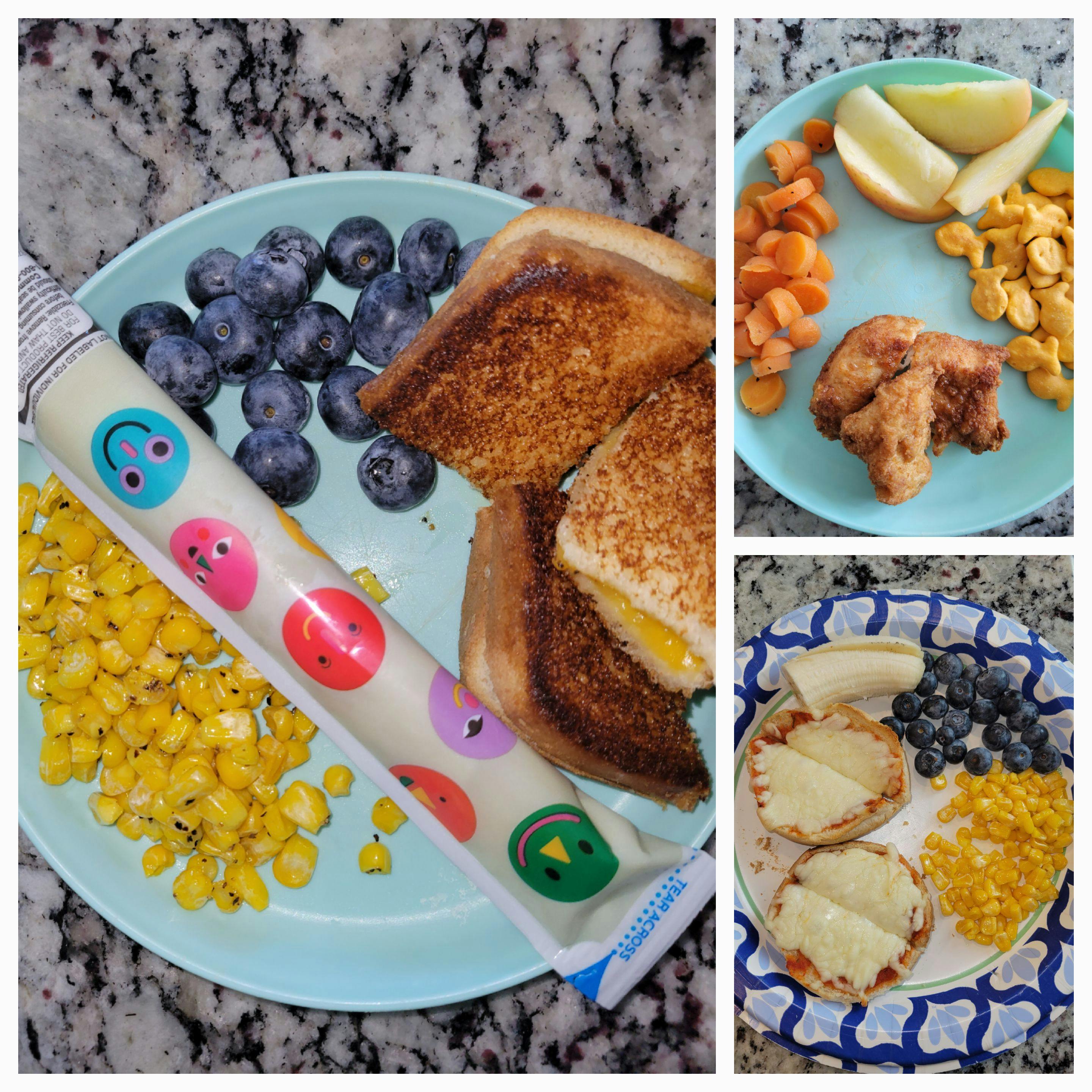 Collage of four plates with various meals for children