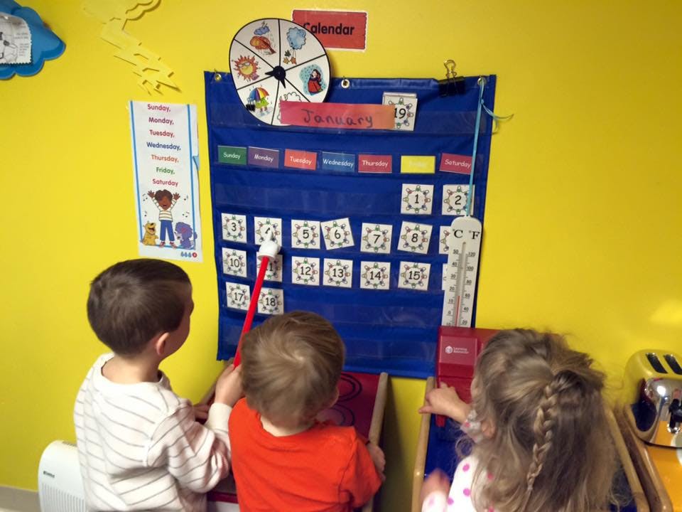 Children interacting with a calendar chart in a classroom