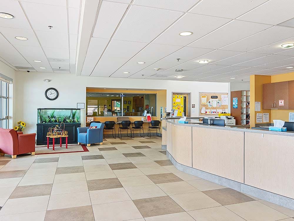 Lobby area with a reception desk, waiting chairs, and a fish tank