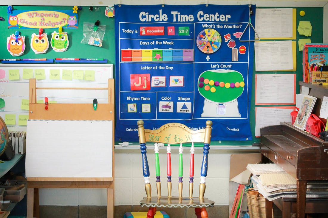 Classroom with a Circle Time Center chart, easel, and chair