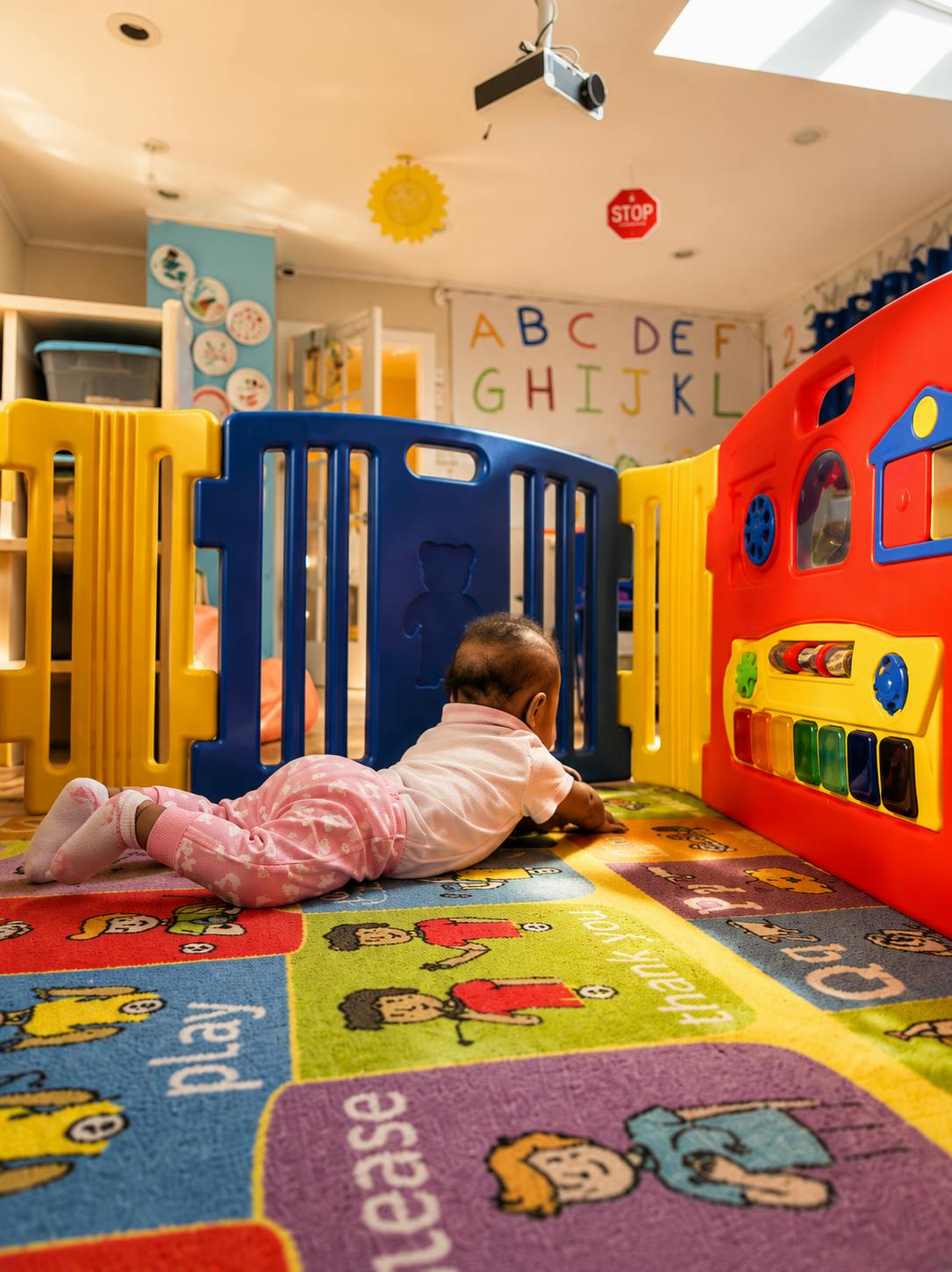 A baby lying on a colorful educational rug inside a playpen