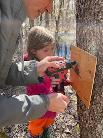 Person and child using a drill to attach a wooden sign to a tree