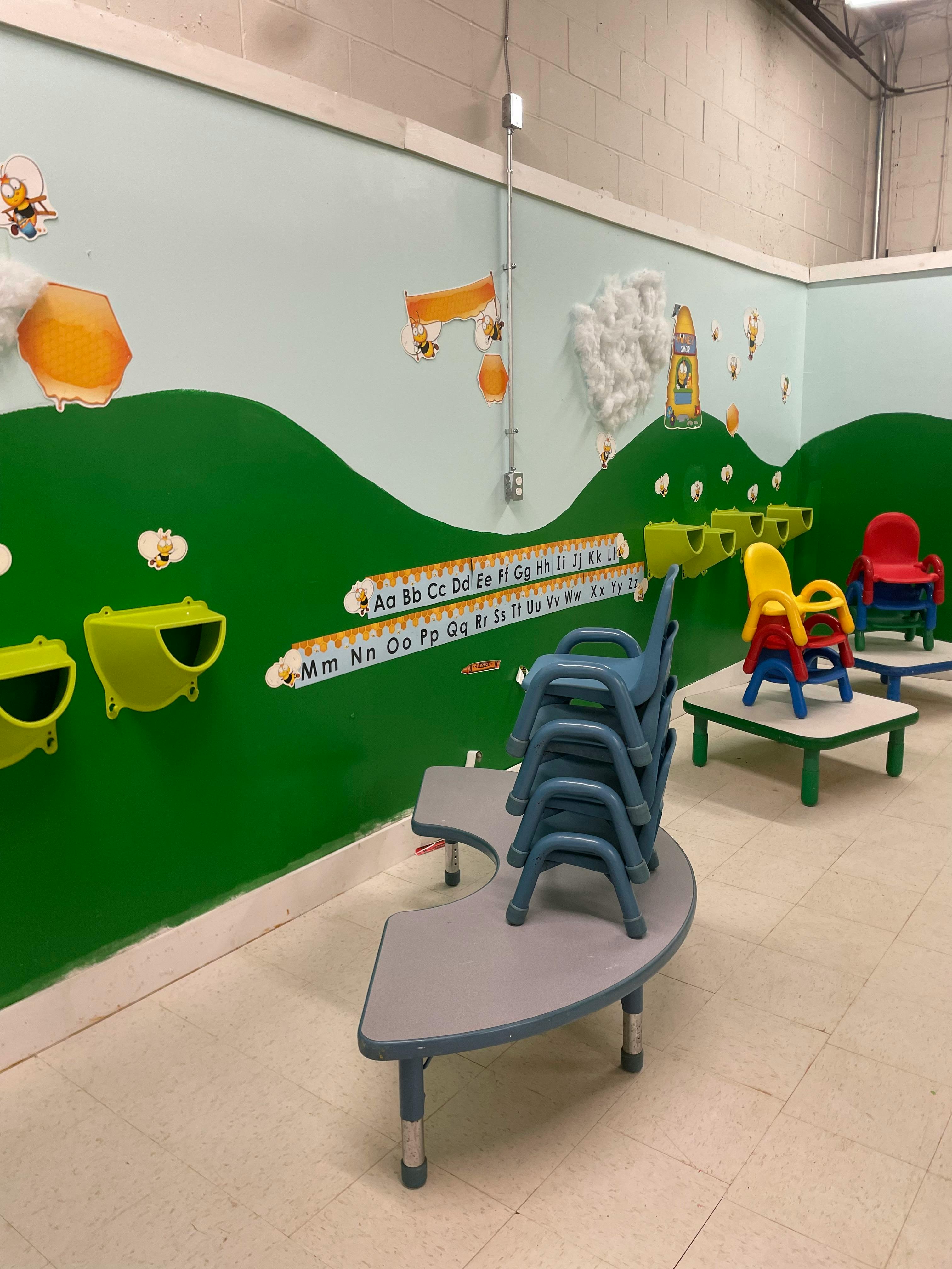 Classroom with alphabet on wall and small tables and chairs