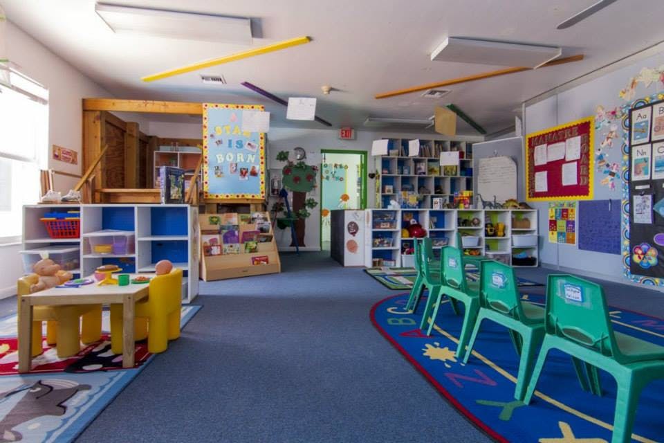 Empty classroom with small tables and chairs