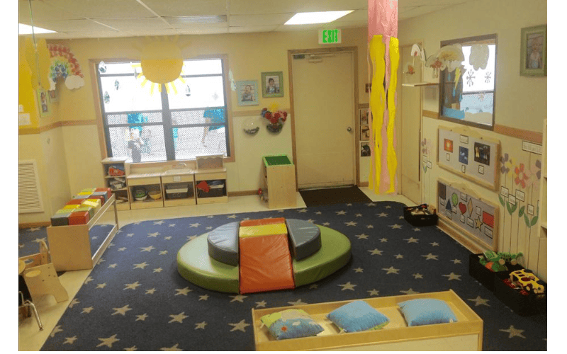 Playroom with star-patterned carpet, colorful sun decorations, and child-sized furniture