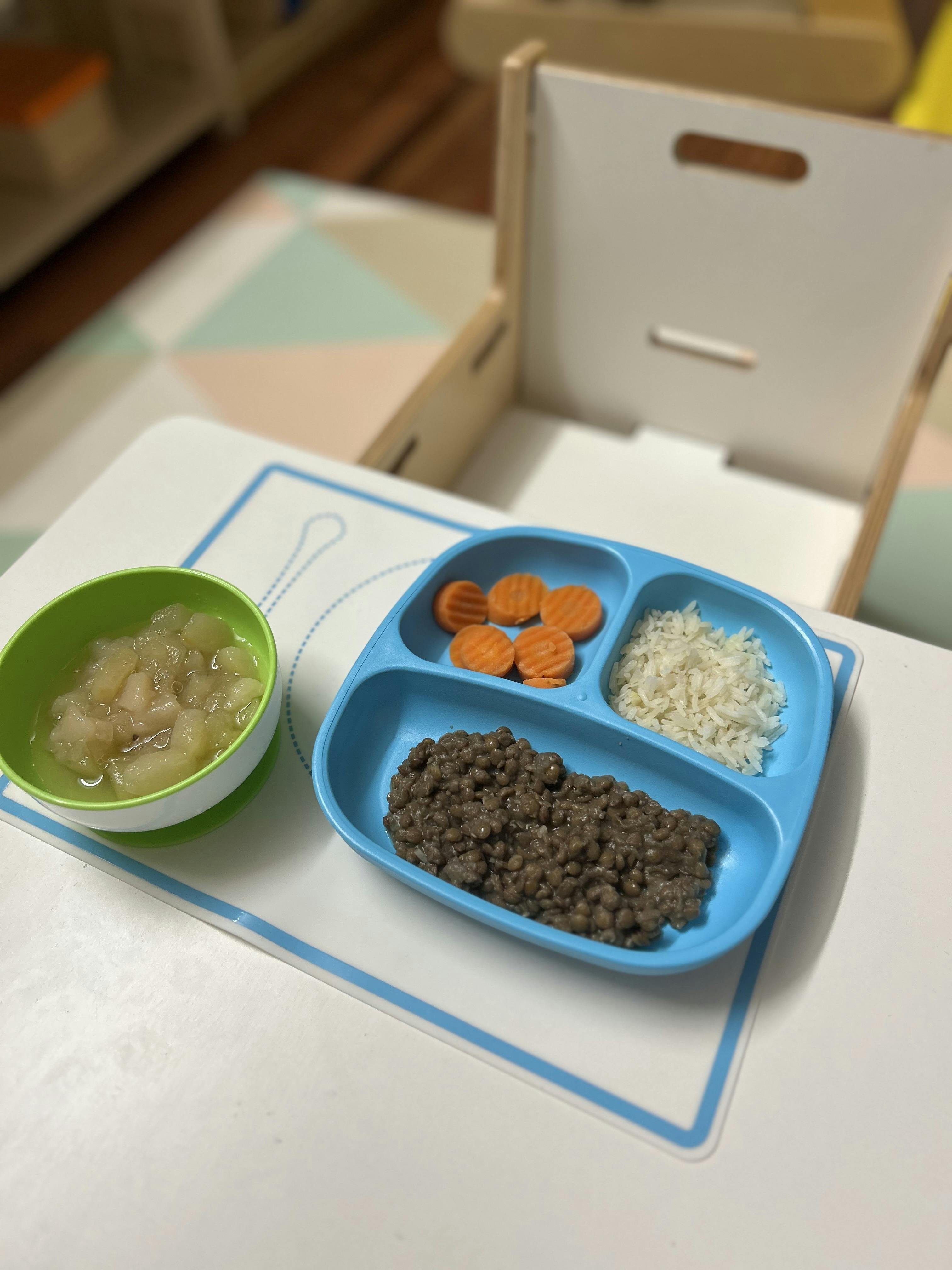 Child's meal with lentils, rice, carrots, and applesauce on a table