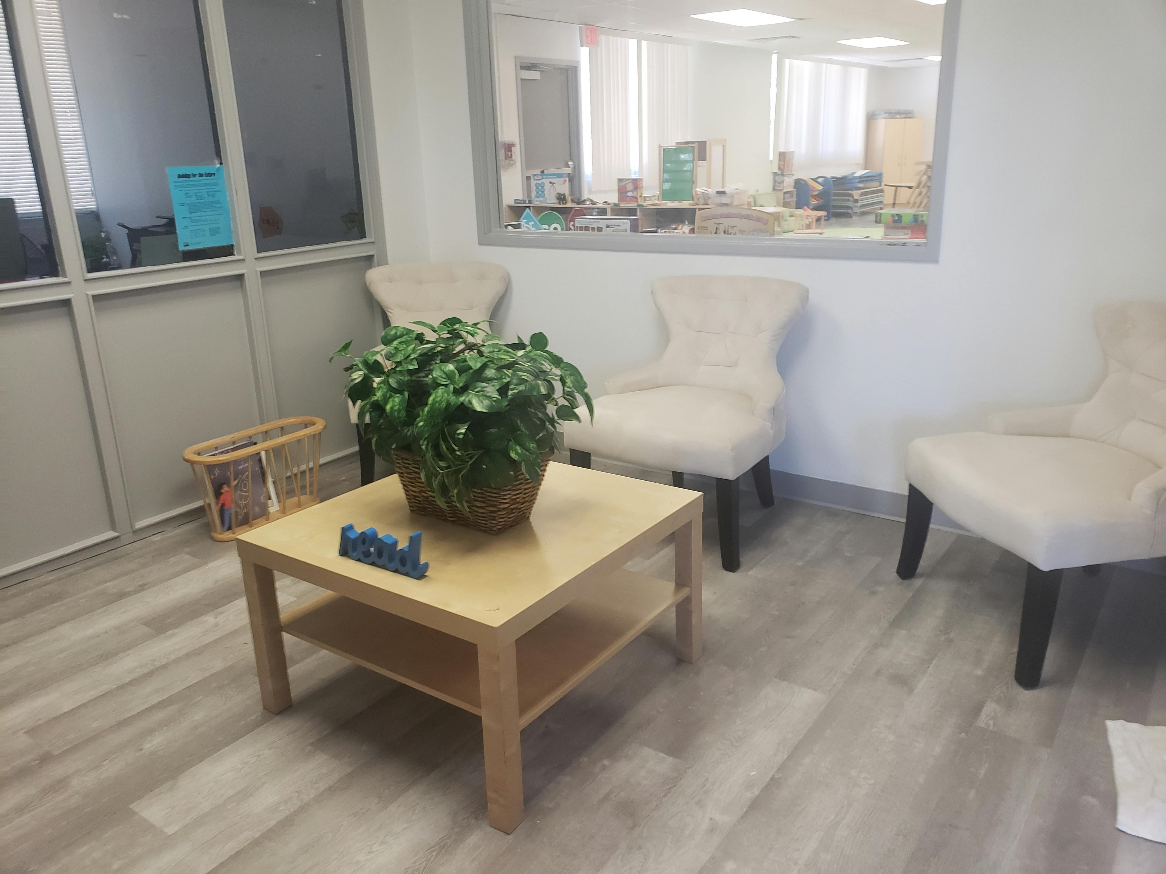 Potted plant on a coffee table with chairs in a waiting area