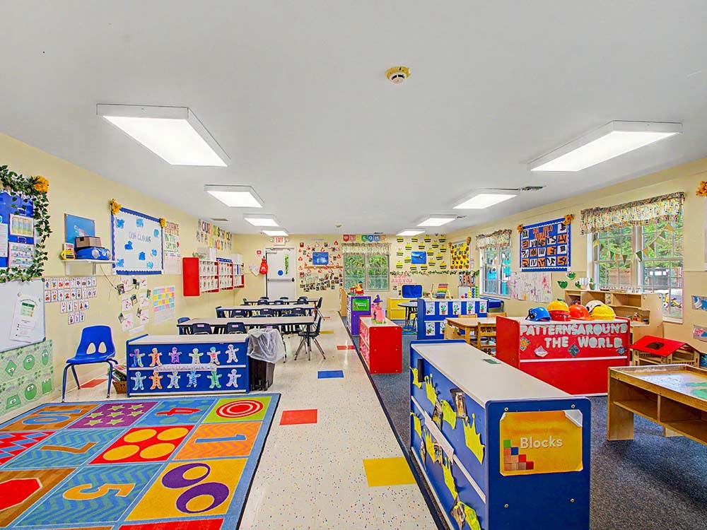 Colorful classroom with various activity stations and educational decorations