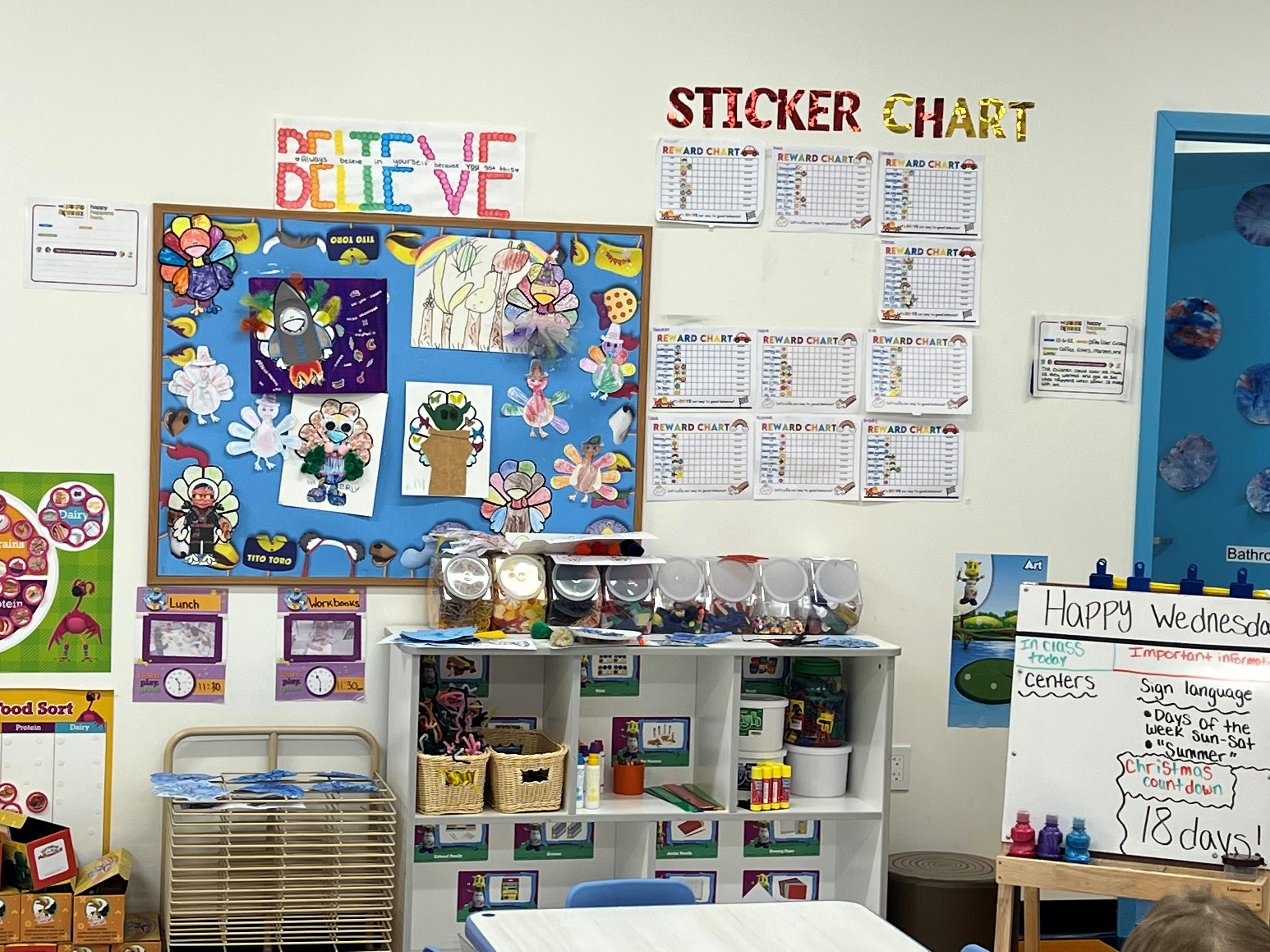 Classroom wall with a bulletin board, sticker chart, and whiteboard