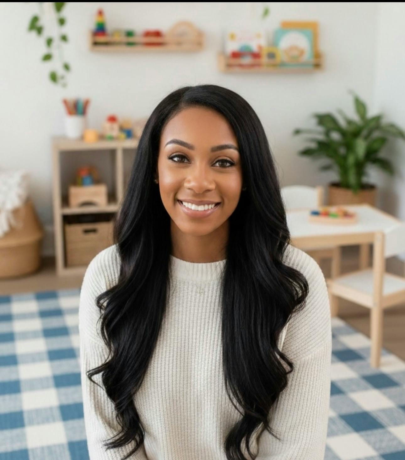 Smiling person with long dark hair in a white sweater in a classroom