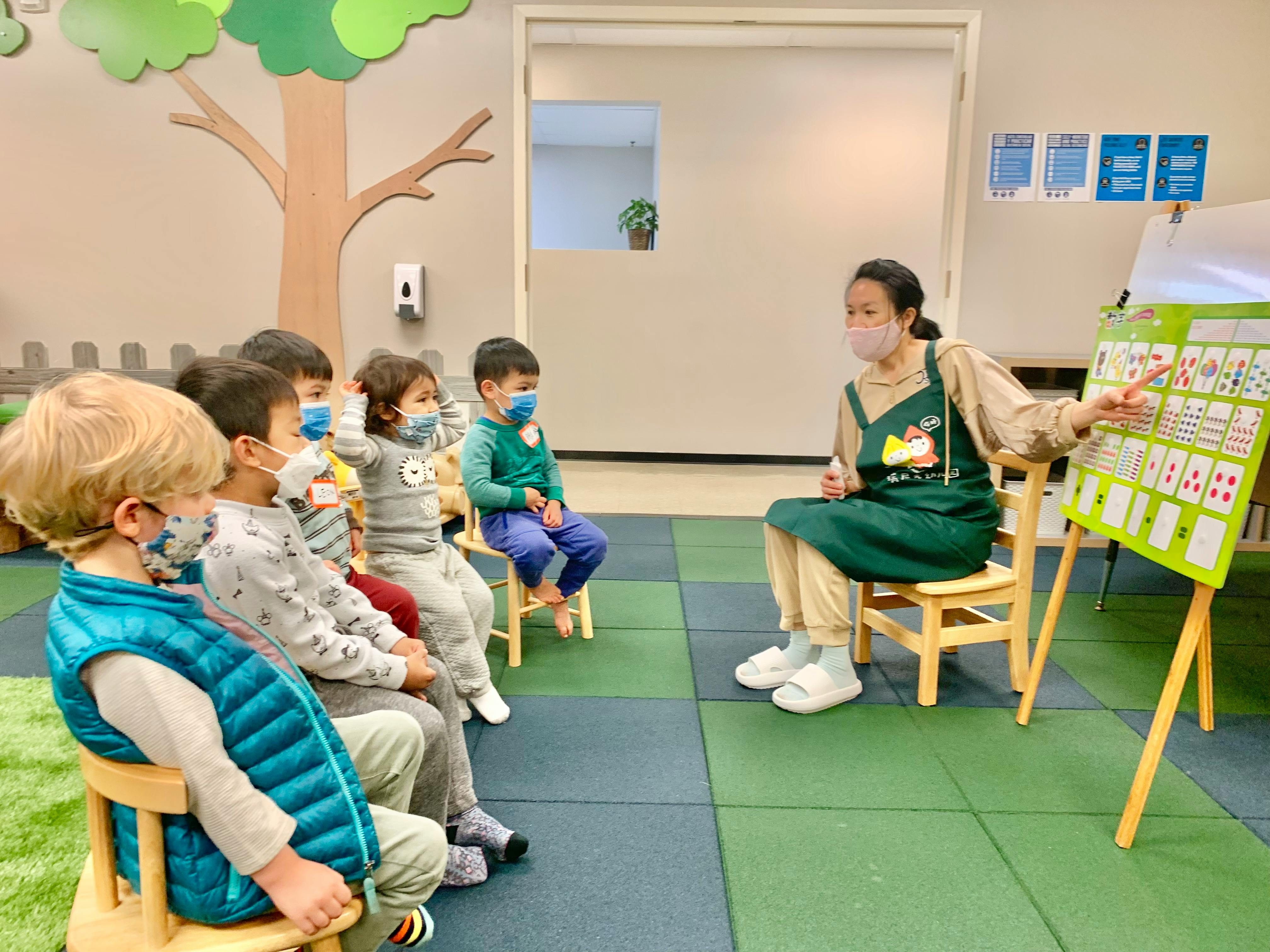 Adult teaching children in a classroom setting