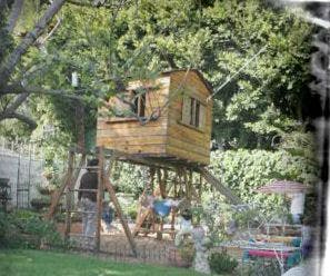 Treehouse with a slide and ladder in a backyard