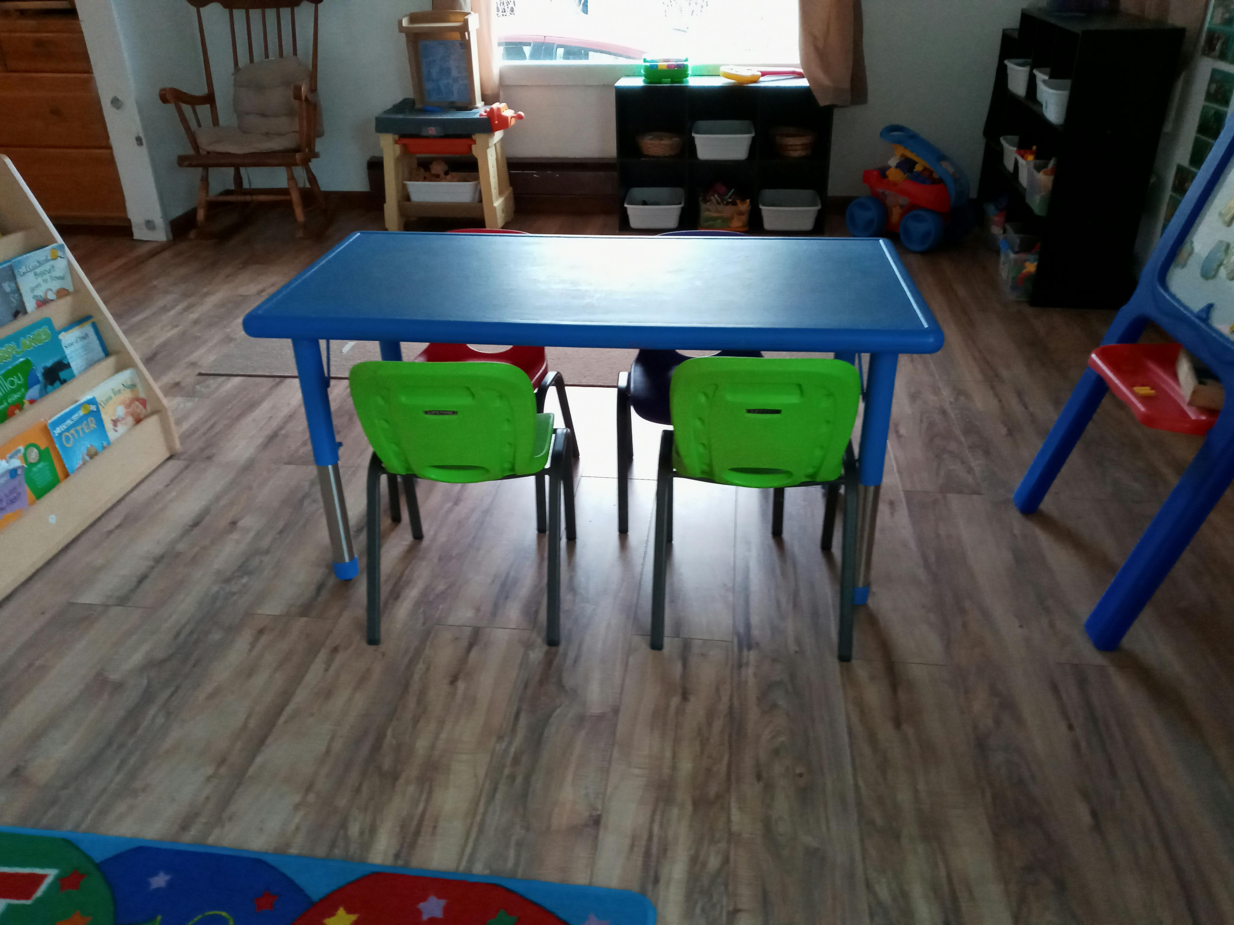 Blue table with green chairs in a classroom