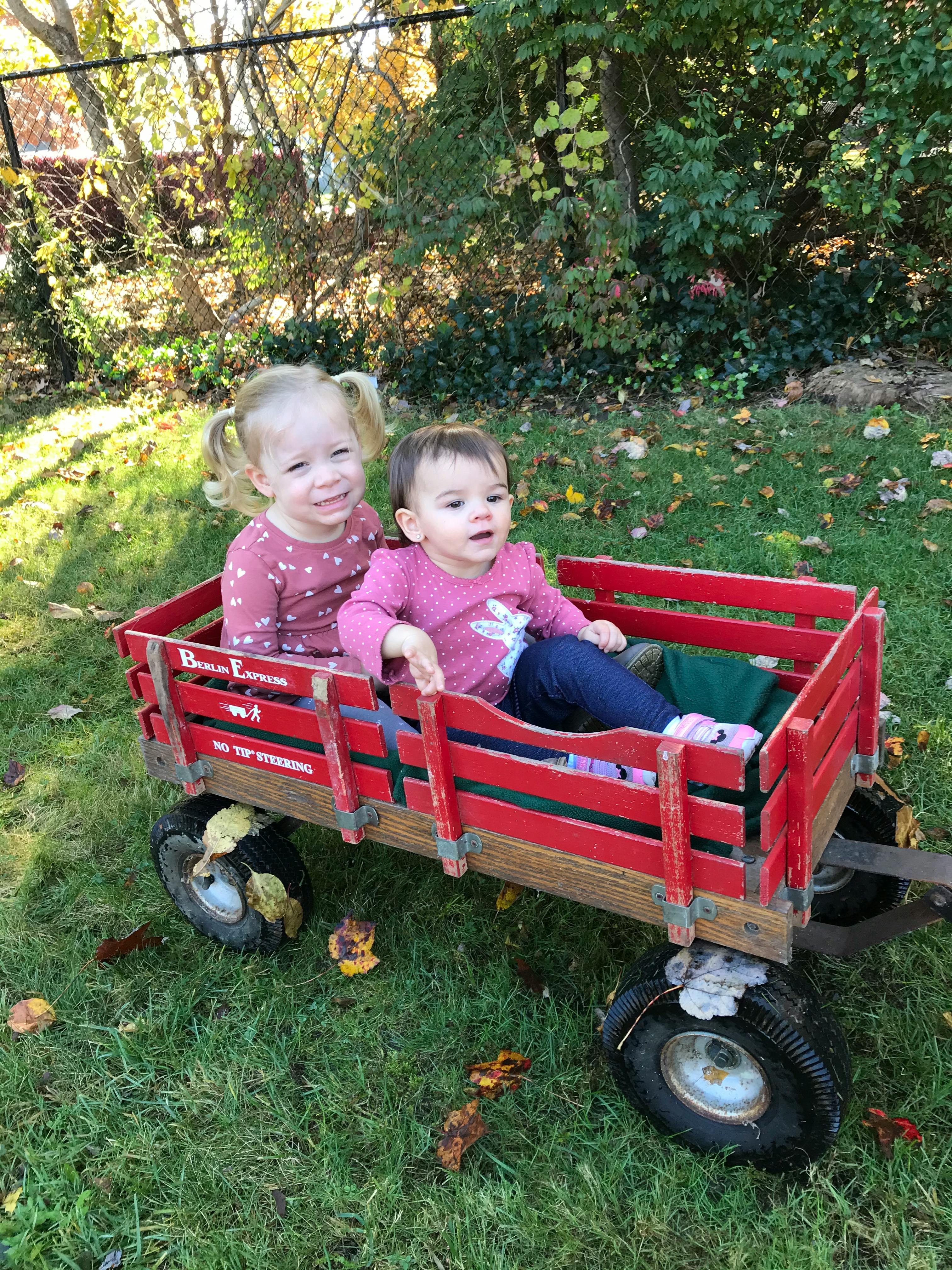 Two children sitting in a red wagon on grass