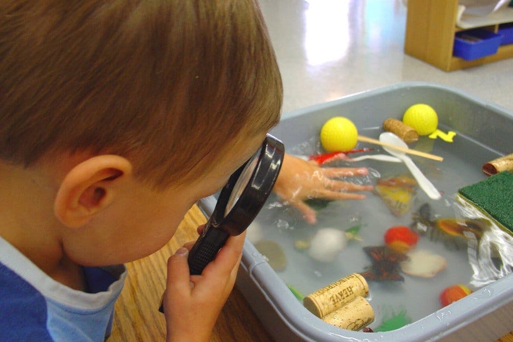 Child looking through a magnifying glass at items in a water bin