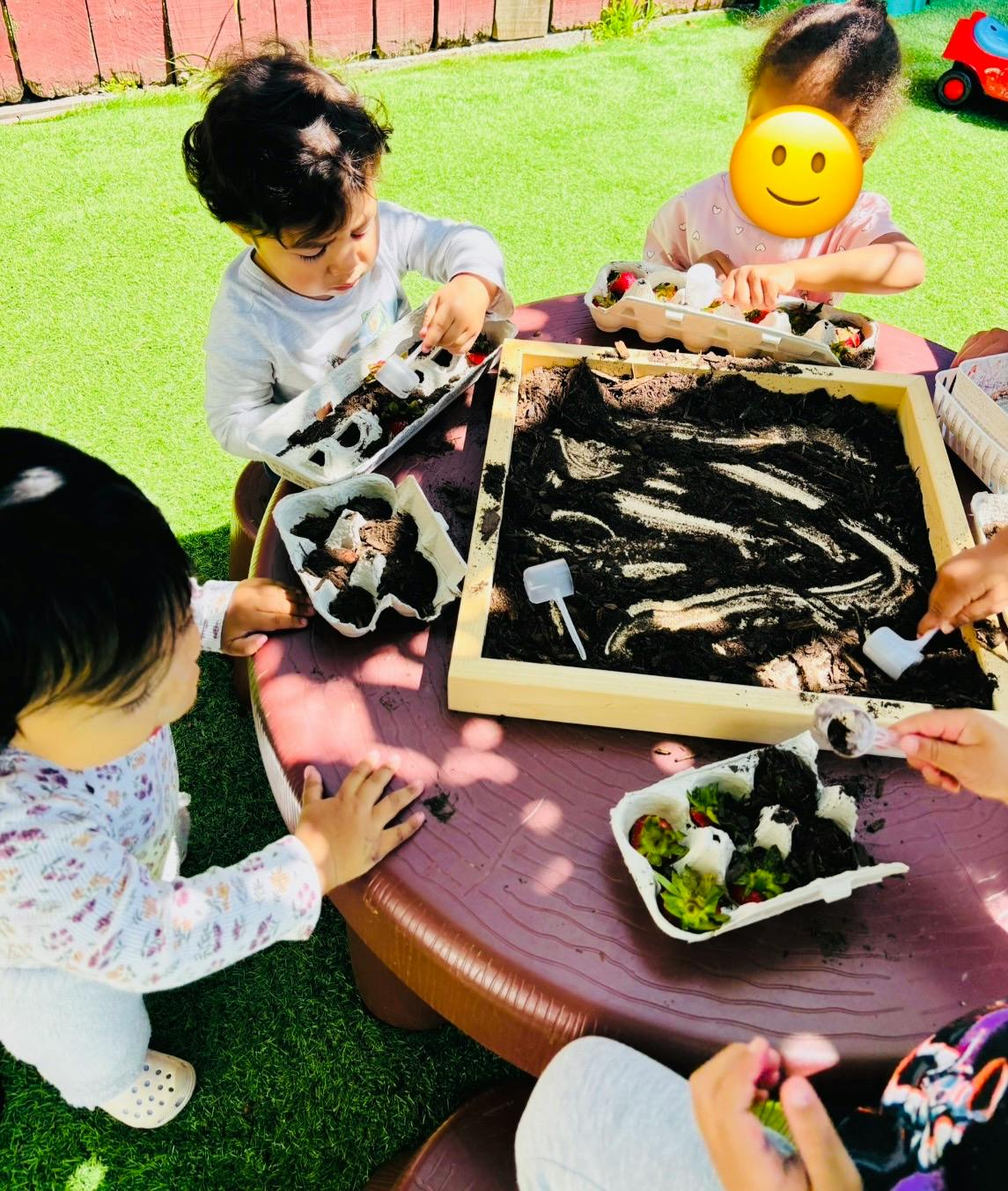Children playing with soil and egg cartons at an outdoor table