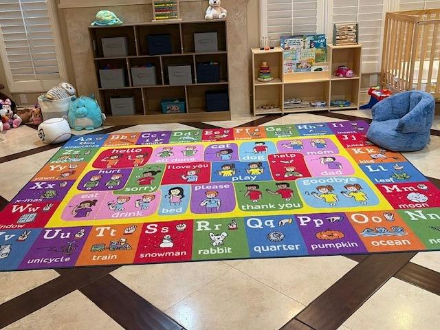 Colorful educational rug with alphabet and sign language illustrations