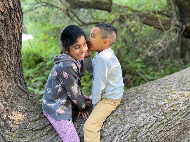Child whispering into another child's ear while sitting on a tree branch