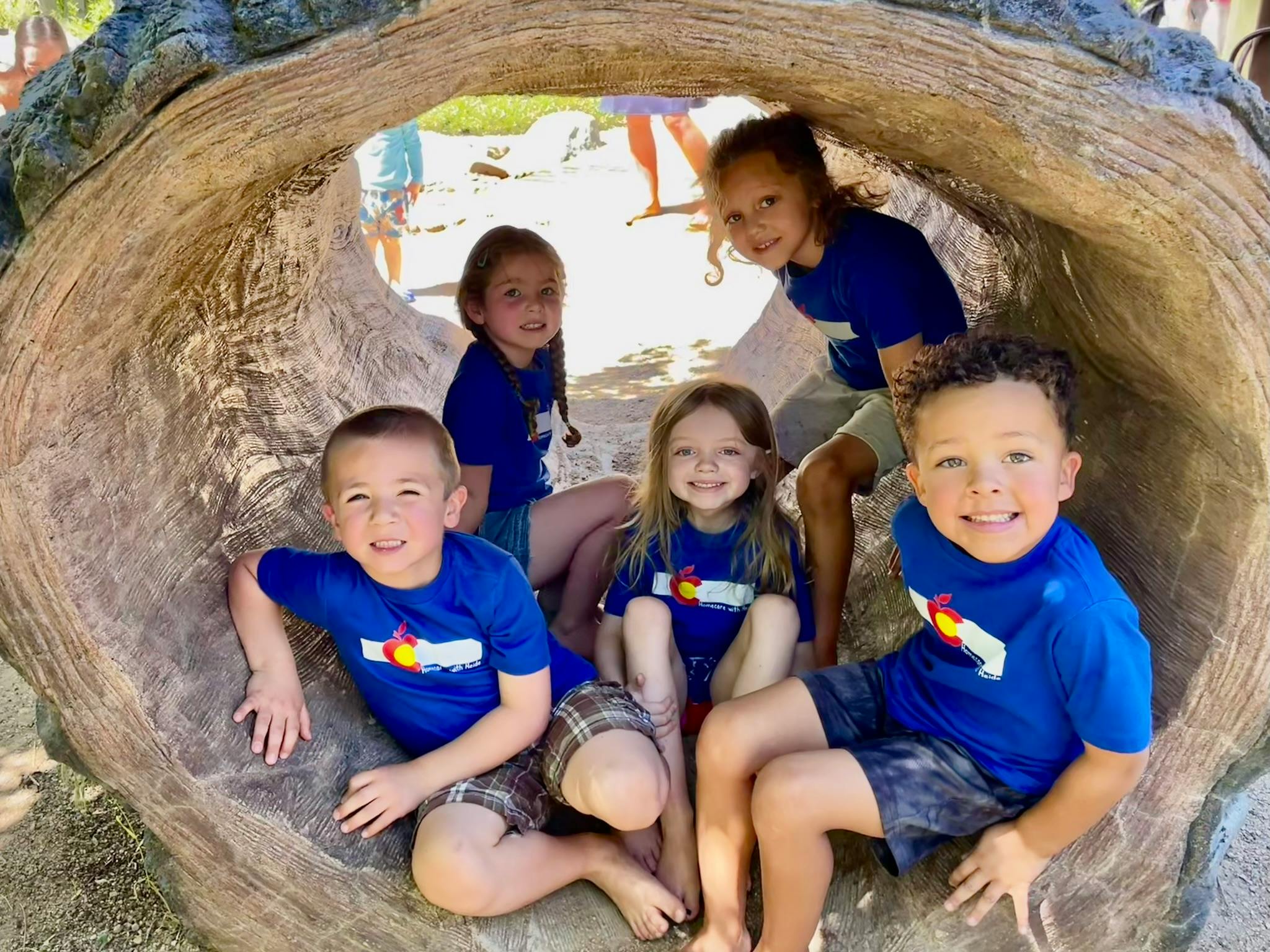 Five children in blue shirts posing inside a hollow log