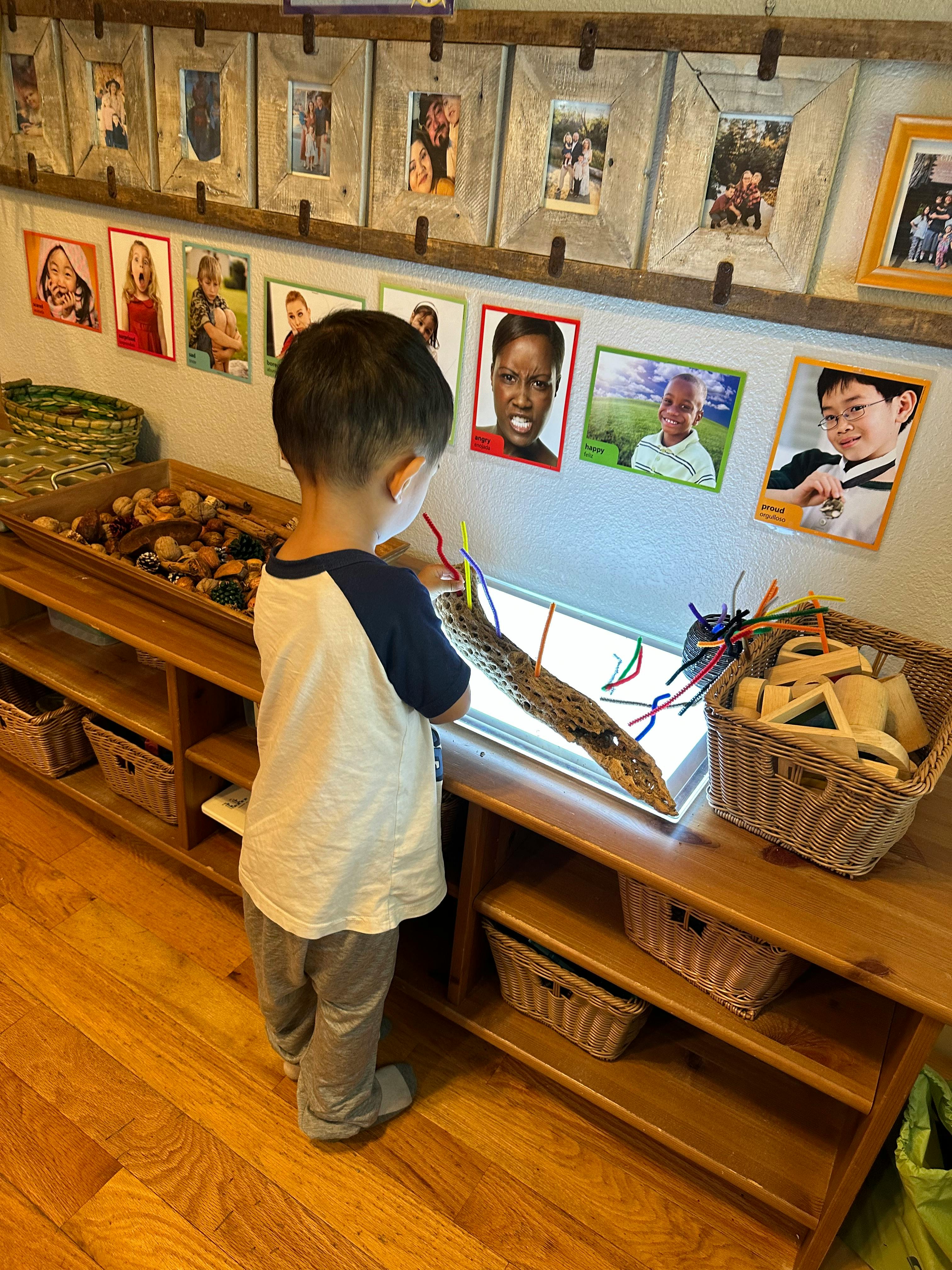 Child playing with a branch on a light table