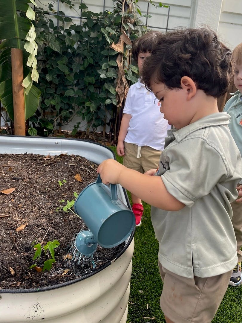 Child watering a plant in a raised garden bed with a small watering can