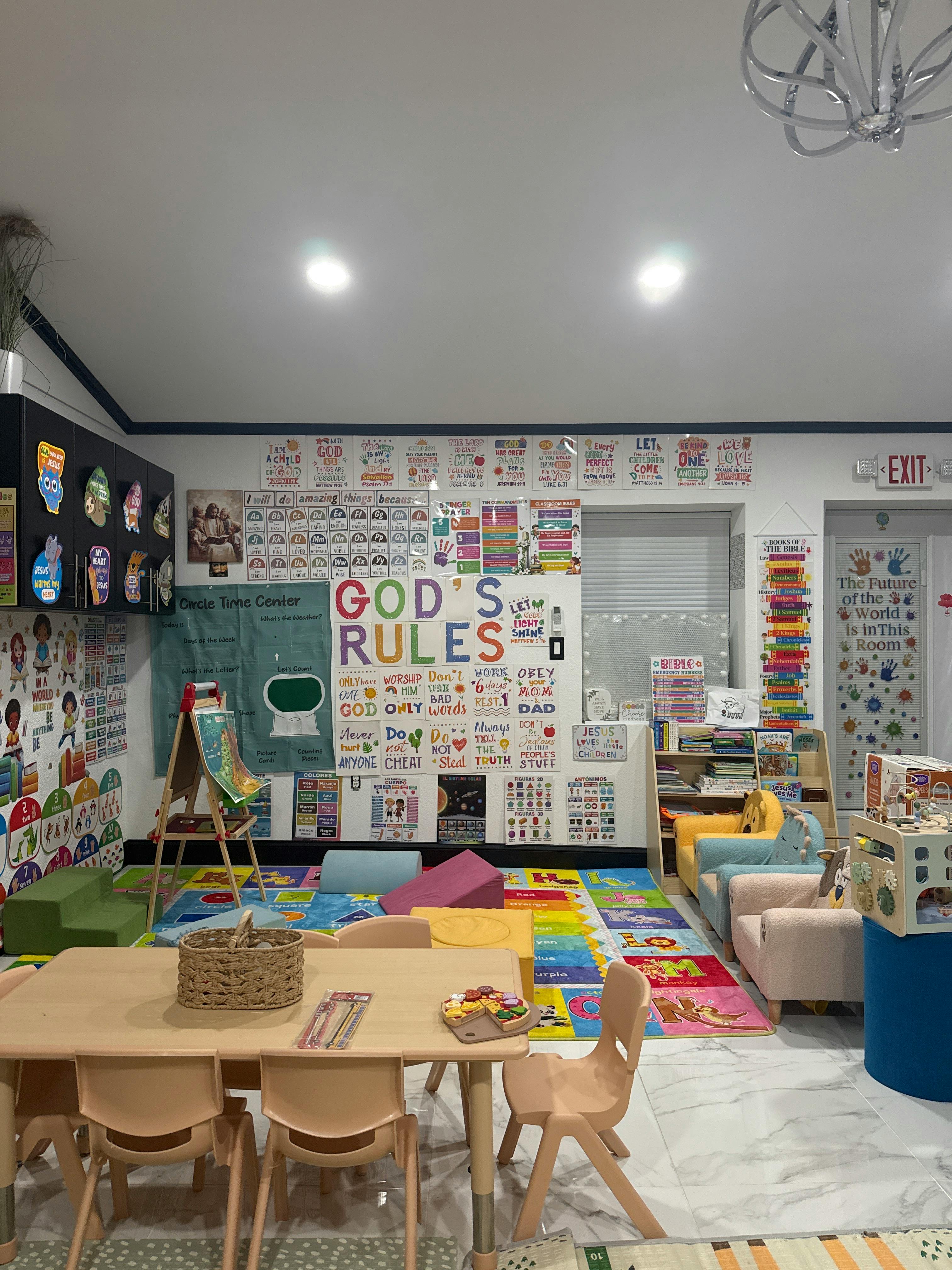 Classroom interior featuring educational posters and small chairs around a table