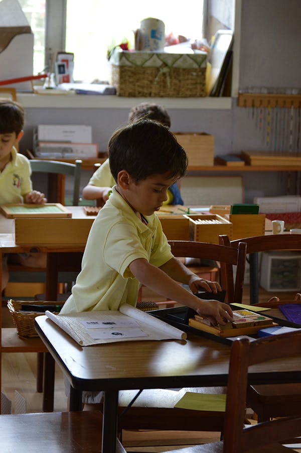 Child working at a desk in a classroom
