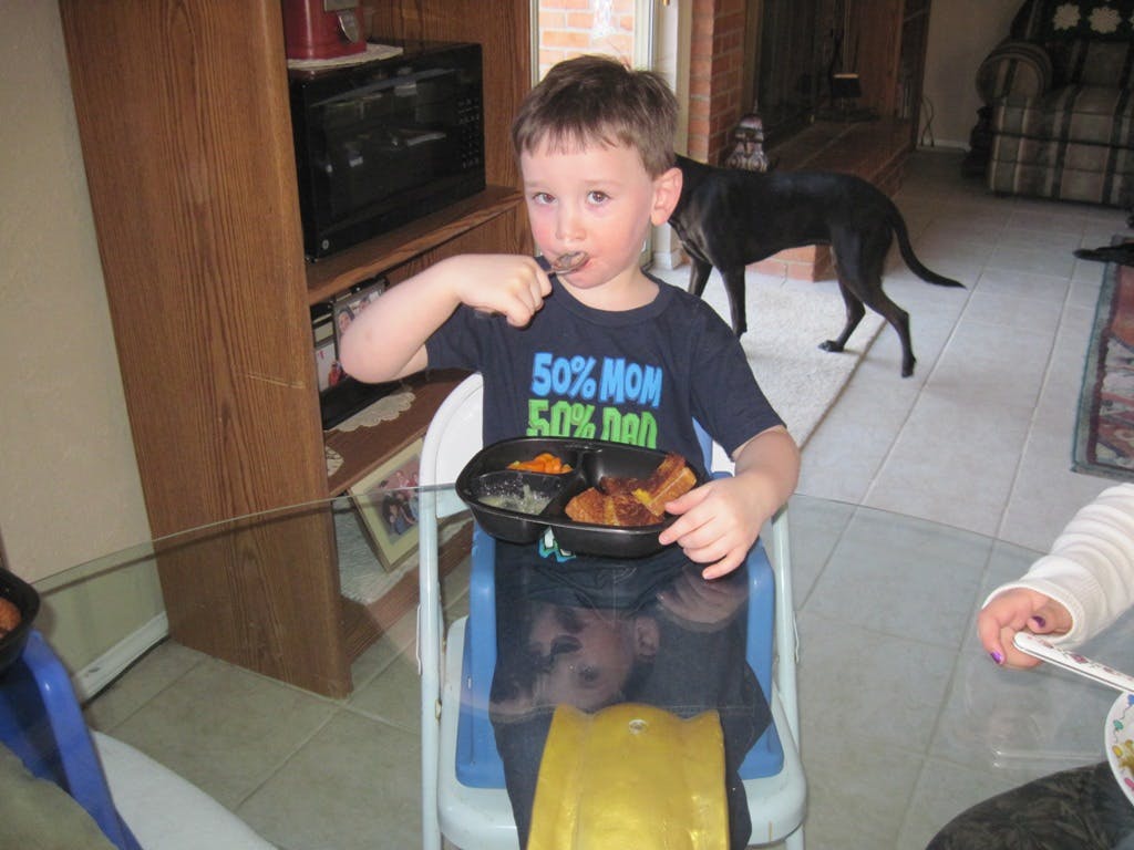 Child eating from a plate in a high chair