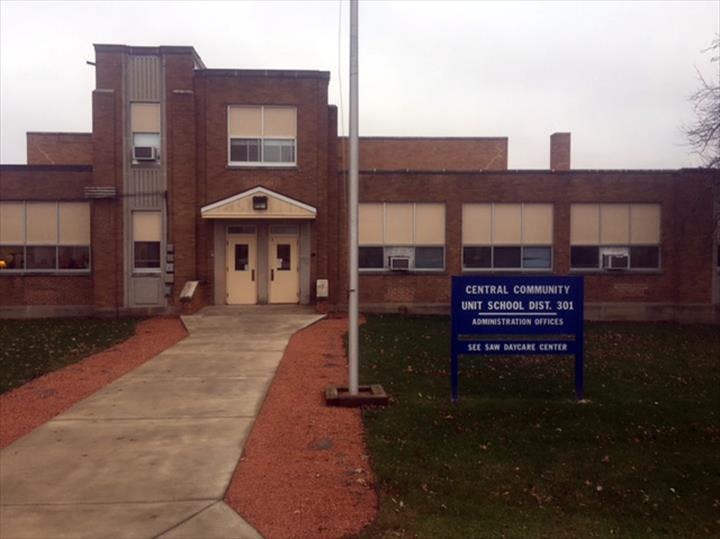 Brick school building with a sign for Central Community Unit School District 301