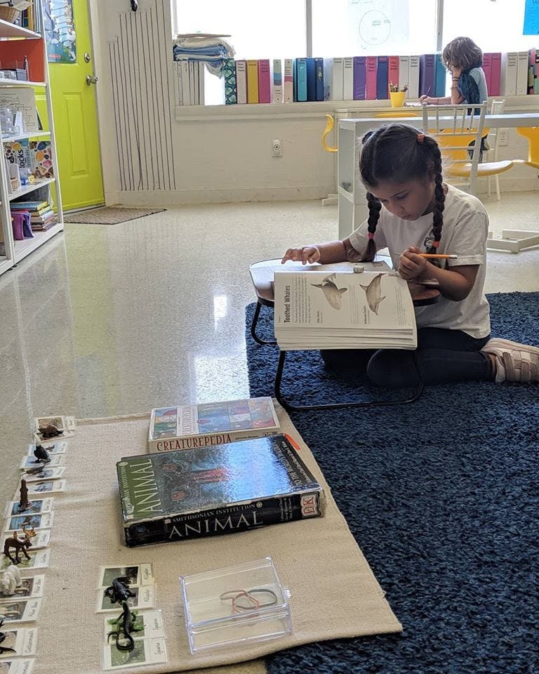 Child sitting on floor and drawing from a book
