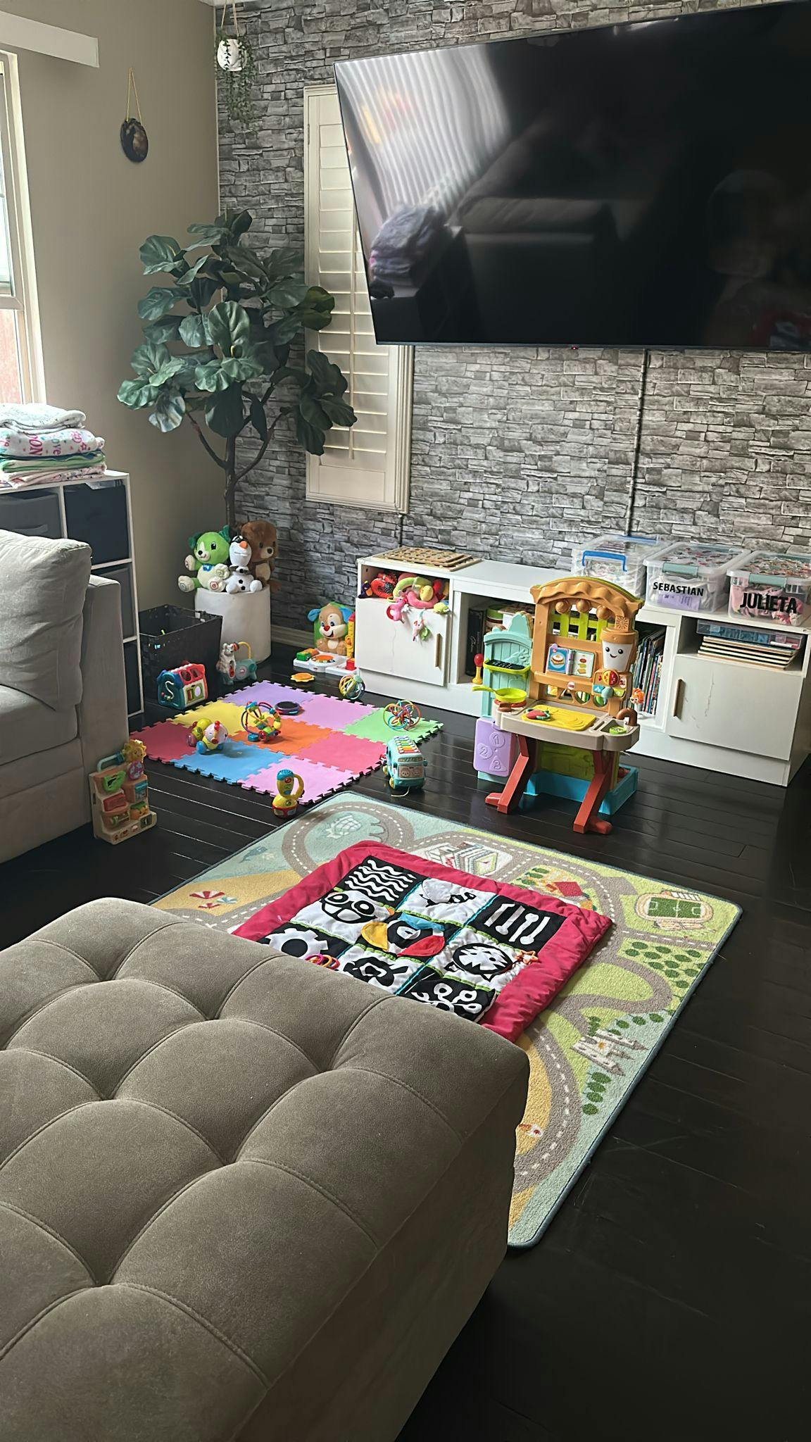 Living room with a large TV, plant, and children's play mats and toys